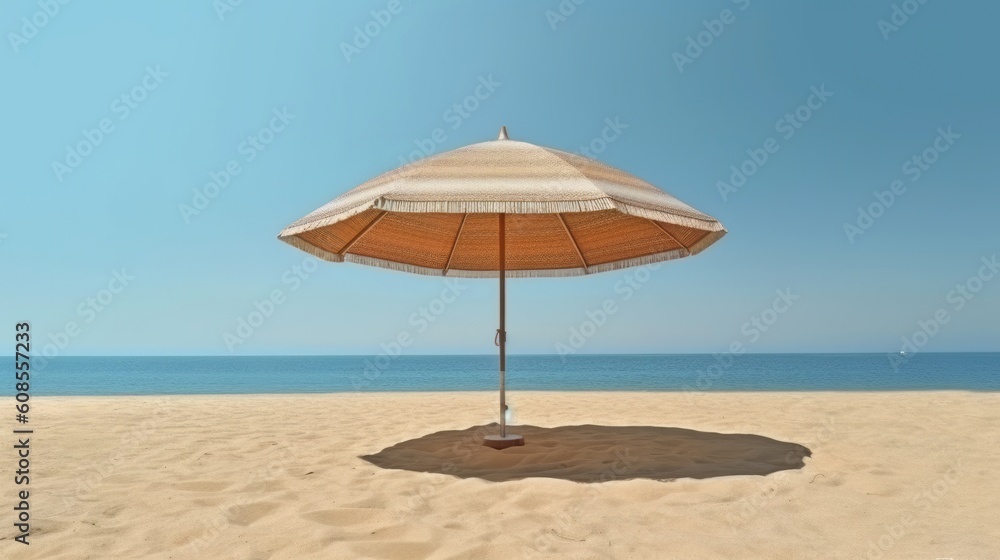 An umbrella on a beautiful sandy beach overlooking the breathtaking ocean. Generative ai