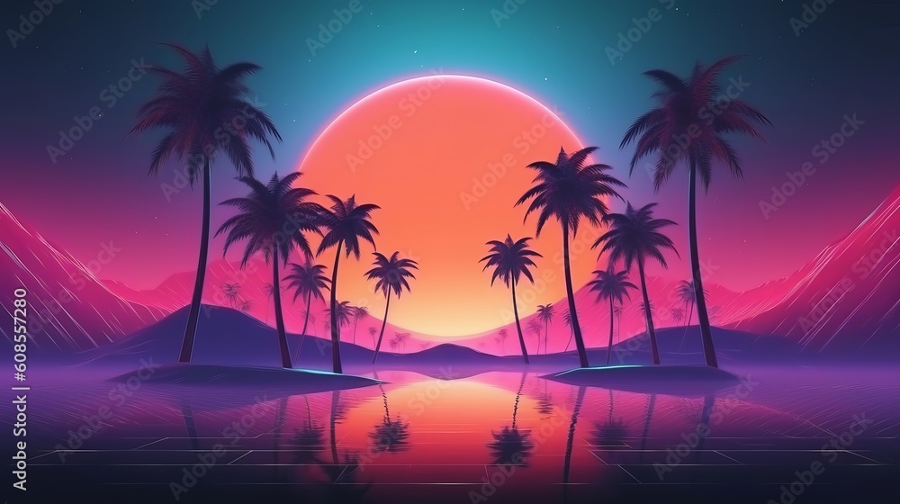 A beautiful sunset with palm trees and mountains in the background. Generative ai