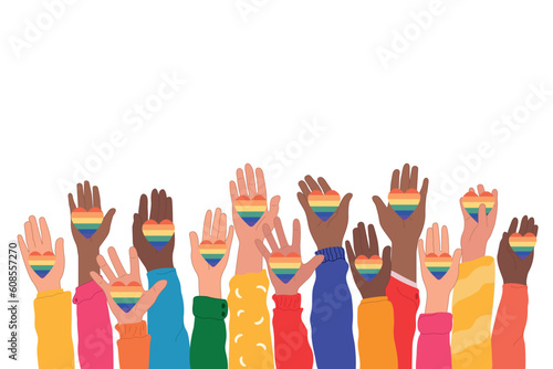 LGBT pride month illustration with hands raised. Raised hands holding LGBT rainbow hearts during pride month celebration against violence, discrimination and human rights violations.