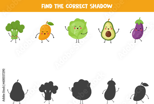 Find shadows of cute kawaii vegetables. Educational logical game for kids.