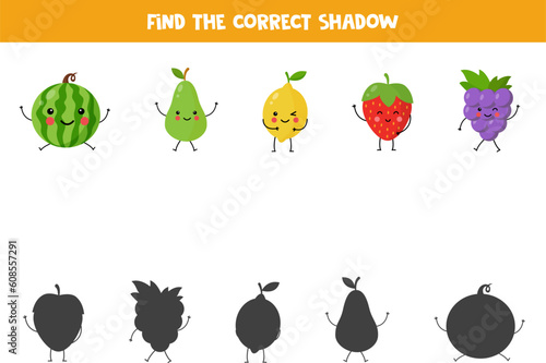 Find shadows of cute kawaii fruits. Educational logical game for kids.