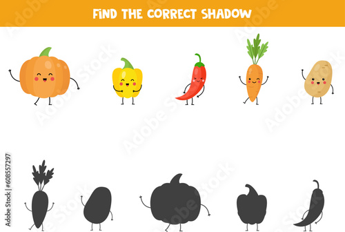 Find shadows of cute kawaii vegetables. Educational logical game for kids.