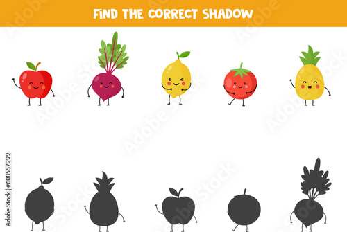 Find shadows of cute kawaii vegetables and fruits. Educational logical game for kids.
