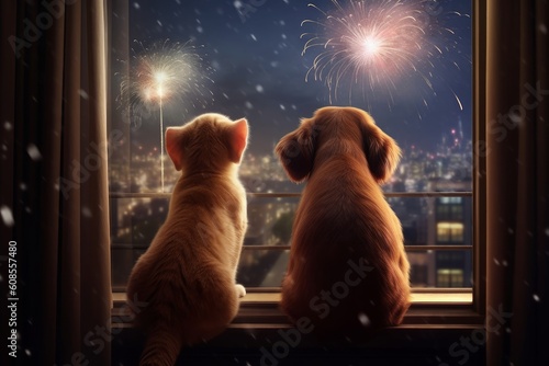 Dog and cat gaze out the window, captivated by the flickering flames of the fire. Generative AI