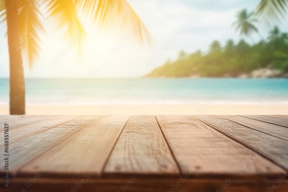 Product presentation in nature. Blur tropical beach with bokeh sun light wave on empty old nature wood table abstract background. generative ai Product presentation in nature. Blur tropical beach with bokeh sun light wave on empty old nature wood table abstract background. generative ai