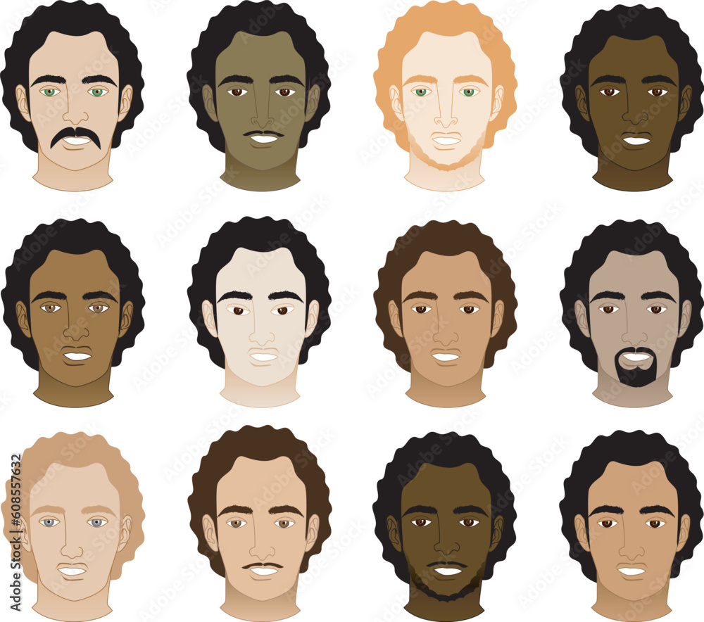 Vector Illustration of 12 different Curly Afro Men Faces. Vector Illustration of 12 different Curly Afro Men Faces.
