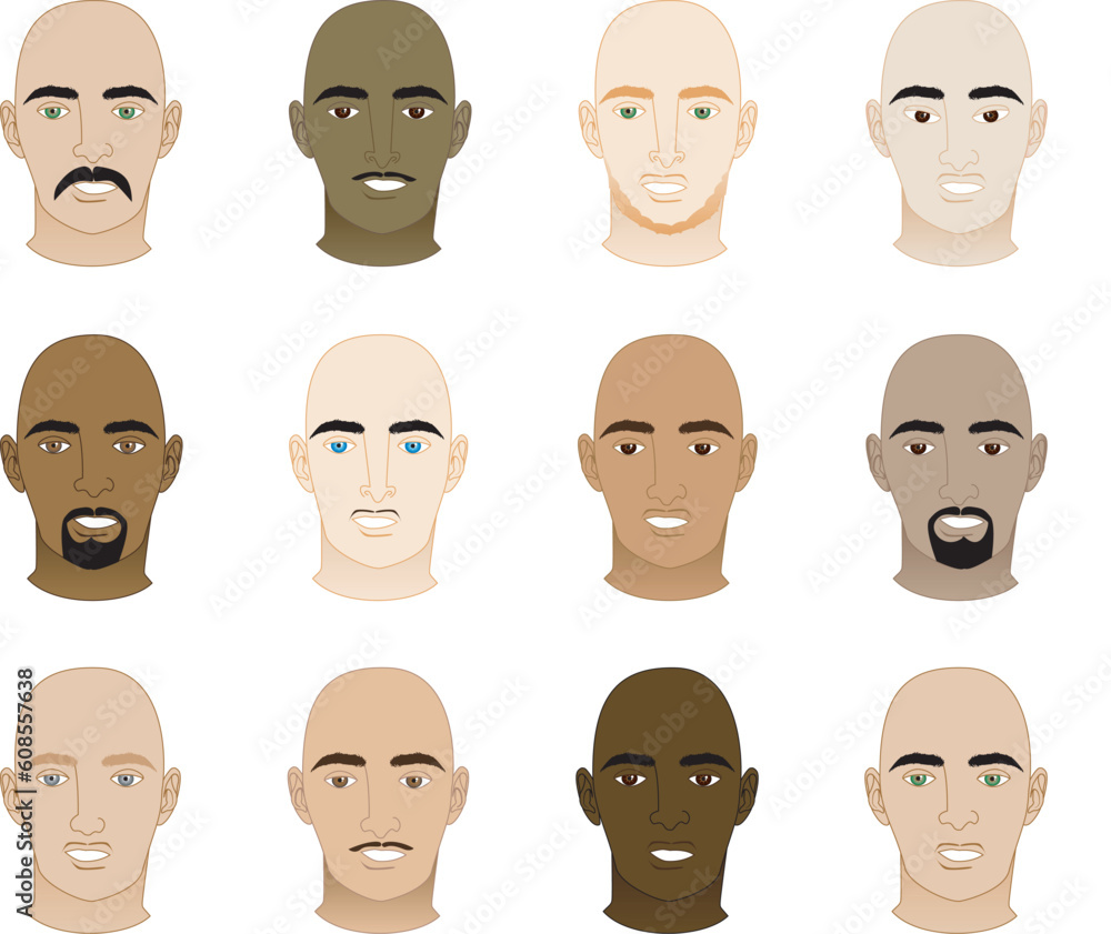 Vector Illustration of 12 different Bald Men Faces. Vector Illustration of 12 different Bald Men Faces.
