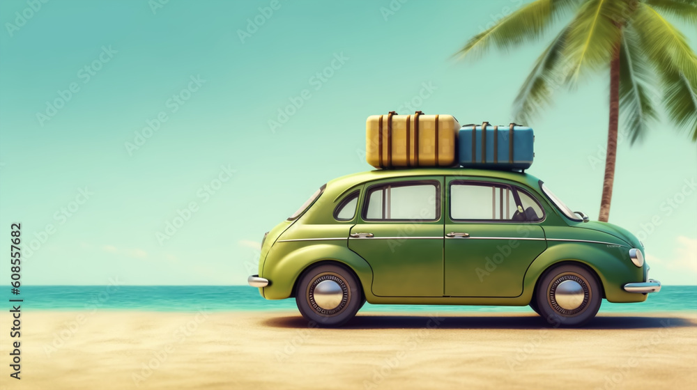 Green car with luggage ready for summer holidays 3D Rendering, summer vacation, holiday, copy space. generative ai