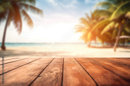 Product presentation in nature. Blur tropical beach with bokeh sun light wave on empty old nature wood table abstract background. generative ai