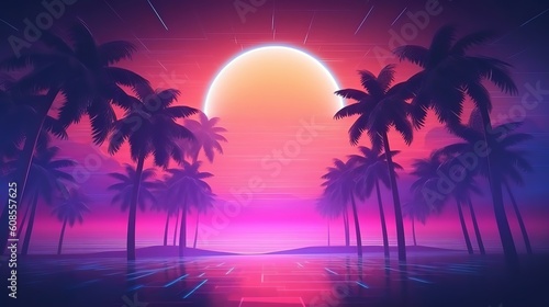 A stunning sunset over palm trees and mountains. Generative ai