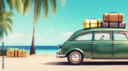 Green car with luggage ready for summer holidays 3D Rendering, summer vacation, holiday, copy space. generative ai © 92ashrafsoomro