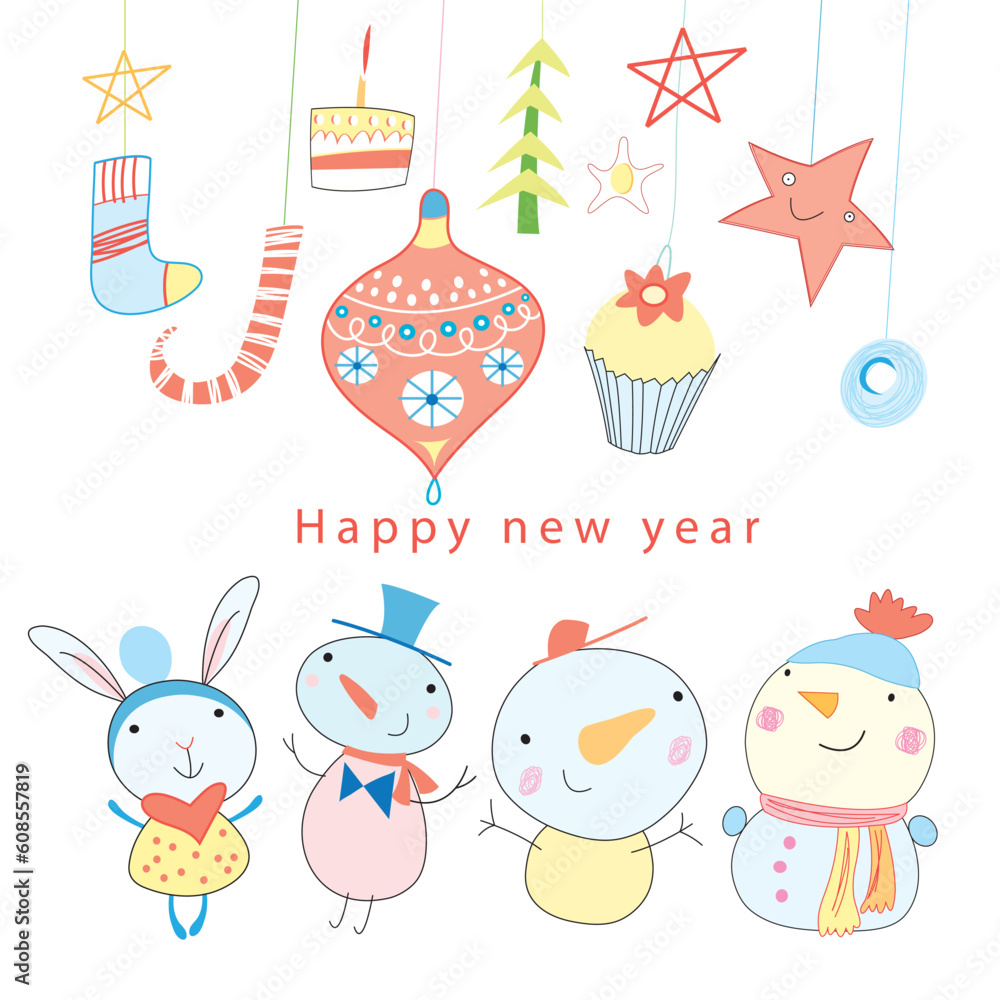 Bright graphics card with Christmas toys and snowmen on white Bright graphics card with Christmas toys and snowmen on white