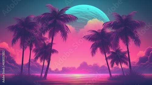 A beautiful sunset with palm trees in the foreground. Generative ai © LabirintStudio