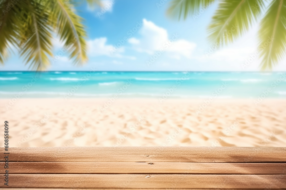 Fototapeta premium Product presentation in nature. Tropical fine sandy beach with blurred sea sun sky on empty old nature wooden table abstract summer relaxation background. generative ai