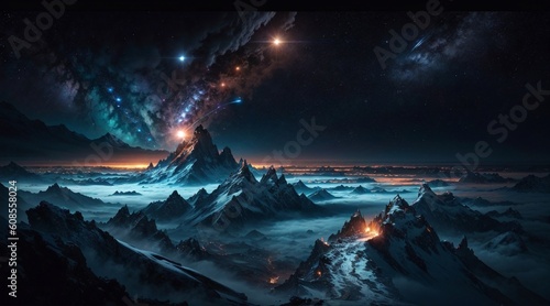 Stunning Mountain Top View at Dawn Spectacular view at the mountain top at the brink of dawn, visible vehicle and city lights down below, distant planets and comets above in the sky..