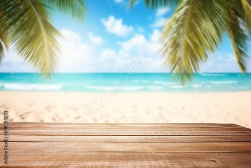 Product presentation in nature. Tropical fine sandy beach with blurred sea sun sky on empty old nature wooden table abstract summer relaxation background. generative ai