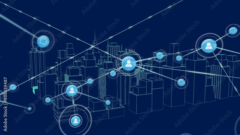 Animation of icon connected with lines over 3d model of city against blue background Animation of icon connected with lines over 3d model of city against blue background