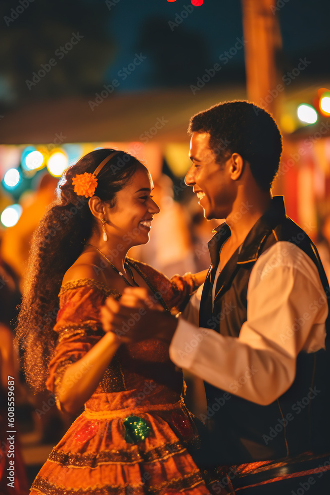 A man and a woman dancing at a festival in Brazil.