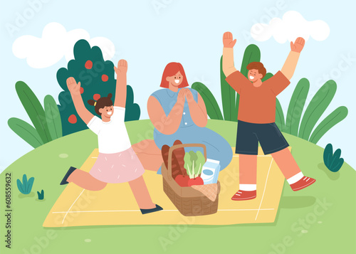 Mother and kids going for a picnic, play together. Scene of summer picnic and recreation outdoors. Flat cartoon style vector illustration.