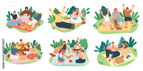 Picnic. Collection of happy people go outside for picnic, eating out, set of friends, family and couples having lunch. Flat cartoon style vector illustration isolated on white background.