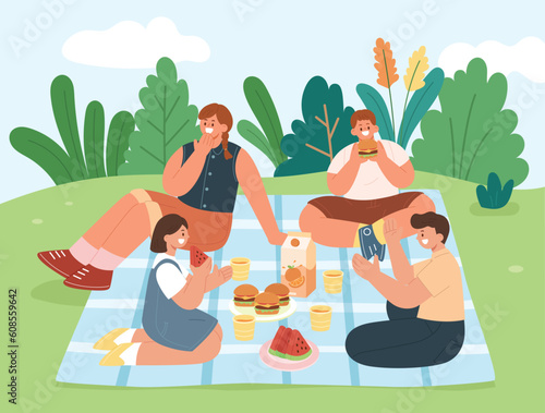 Happy family spending time outdoors at picnic together. Parents and children enjoying food, sitting on blanket and relaxing. Flat cartoon style vector illustration.