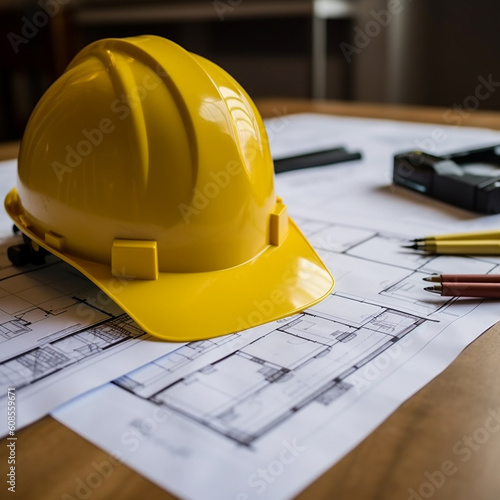 Architectural plans and yellow hard hat on the desk in office