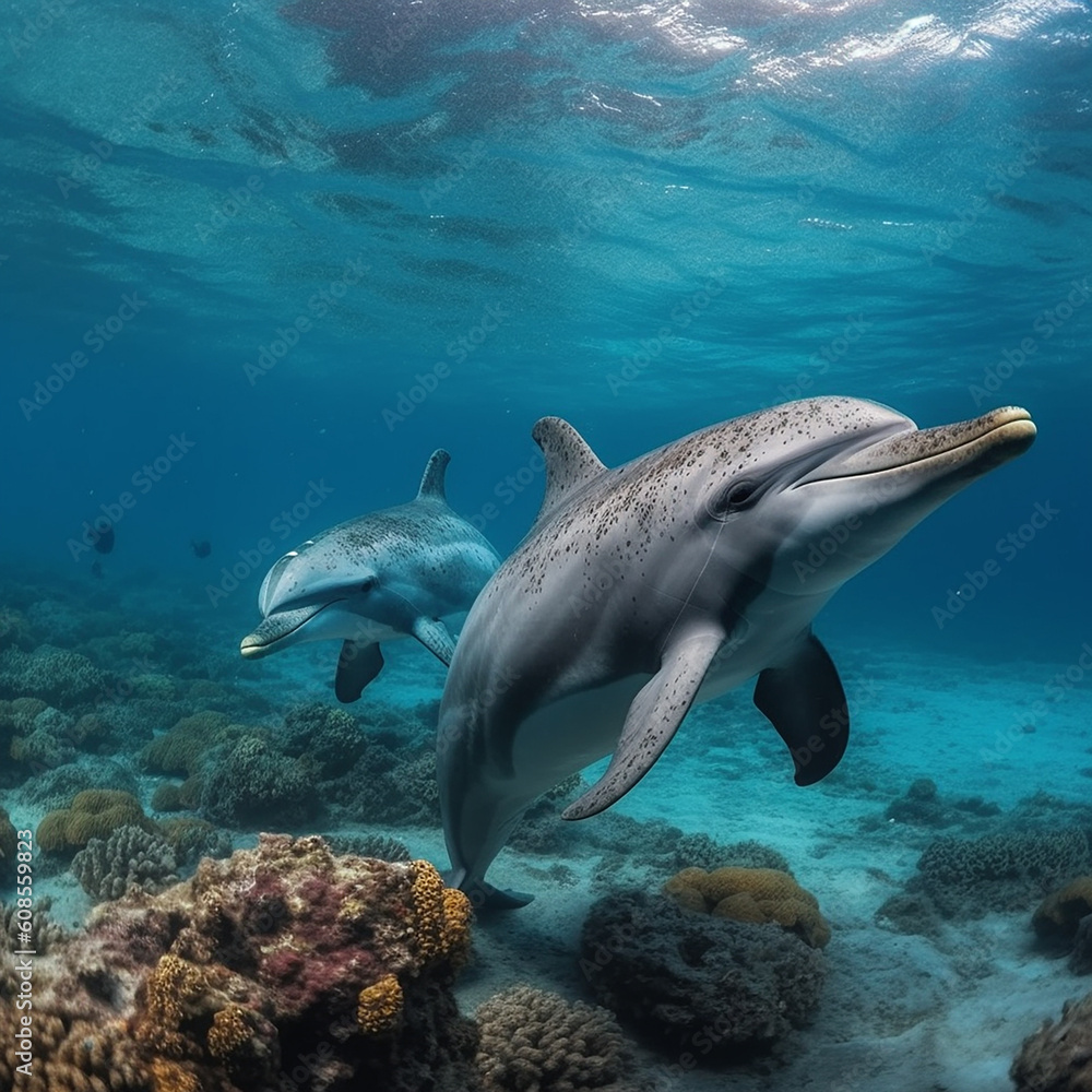 Fototapeta premium Dolphins on the coral reef at Maldives. Dolphins swimming in the ocean.