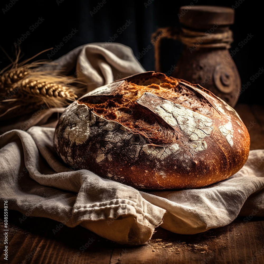 Fototapeta premium Freshly baked bread on a wooden table. Selective focus.