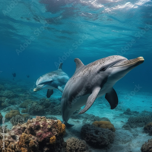 Dolphins on the coral reef at Maldives. Dolphins swimming in the ocean.