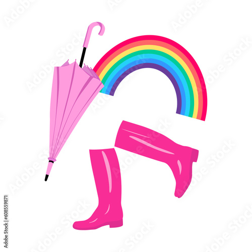 Pink closed umbrella. Below are pink boots. Multicolored rainbow. Close-up icon. Isolated image. Element for design decoration. Summer vector illustration and graphic design.