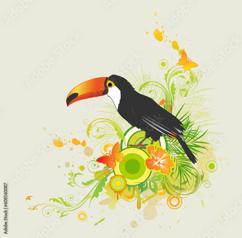 summer tropical background with ornament and parrot