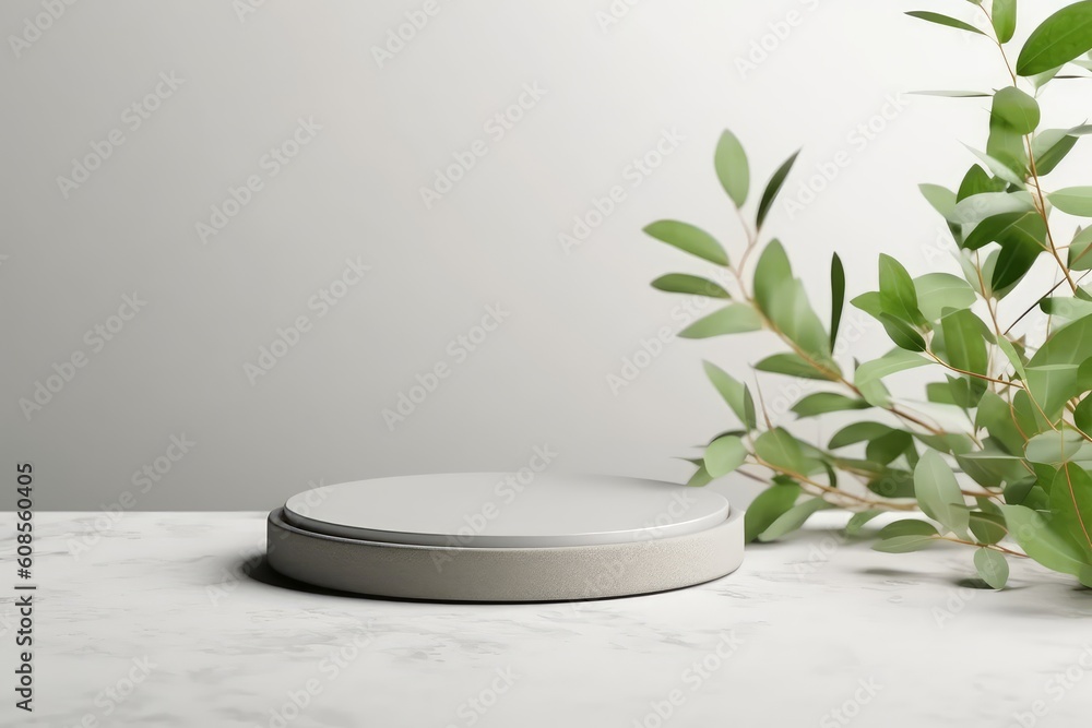 Empty round podium and green leaves on light grey back .Generative AI Empty round podium and green leaves on light grey back .Generative AI