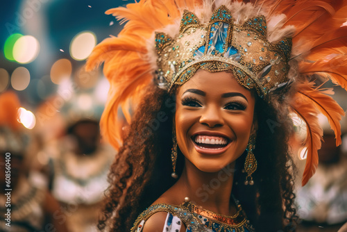 Imaginary young woman in Brazilian samba costume and head decoration with feathers participates in a Latin-American festival, carnival or parade © tilialucida