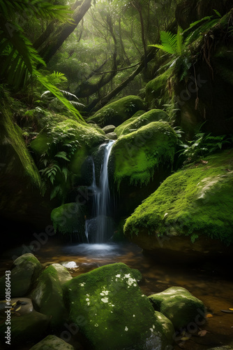 Tropical waterfall with rocks and green moss