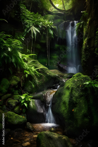 Tropical waterfall with rocks and green moss