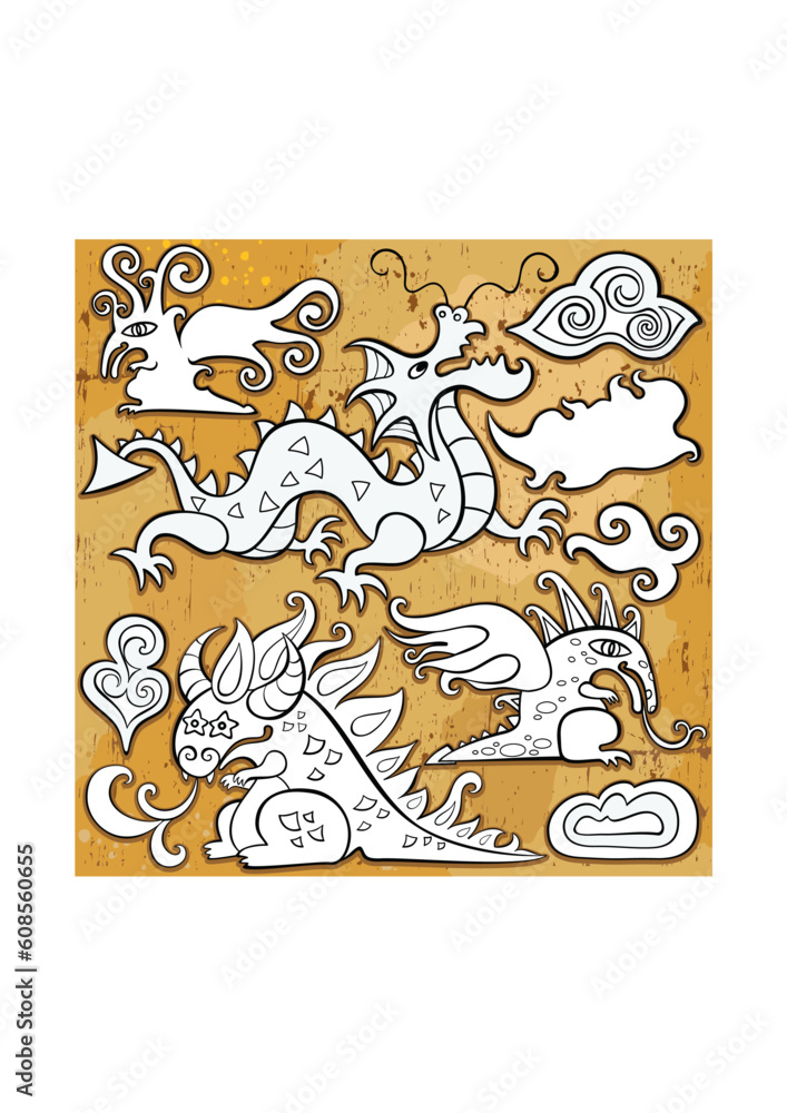 Fototapeta premium Dragons icon set, Chinese New Year symbols 2012. Vector set of sketchy, doodle dragons and decorative design elements. Little fairy dragon, cheerful Chinese oriental dragon, cute fantasy dragon with 