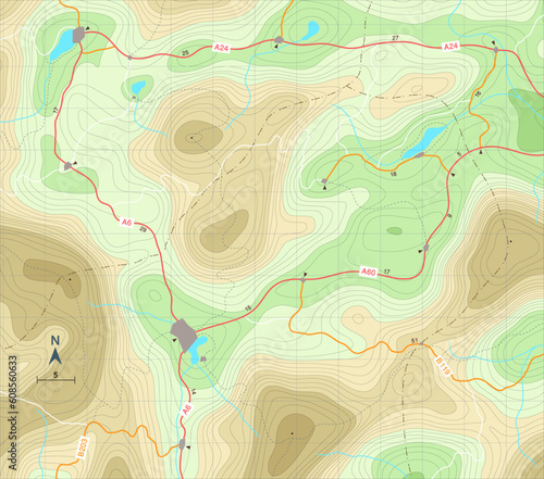 Editable vector illustration of a generic map showing relief contours