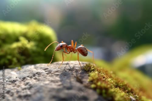 A red ant sits on a piece of wood with a green background. Generative AI
 photo