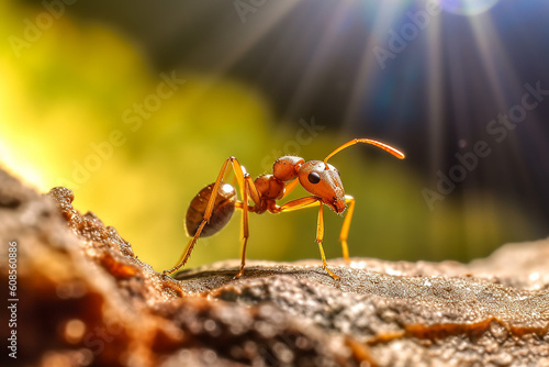 A red ant sits on a piece of wood with a green background. Generative AI
 photo