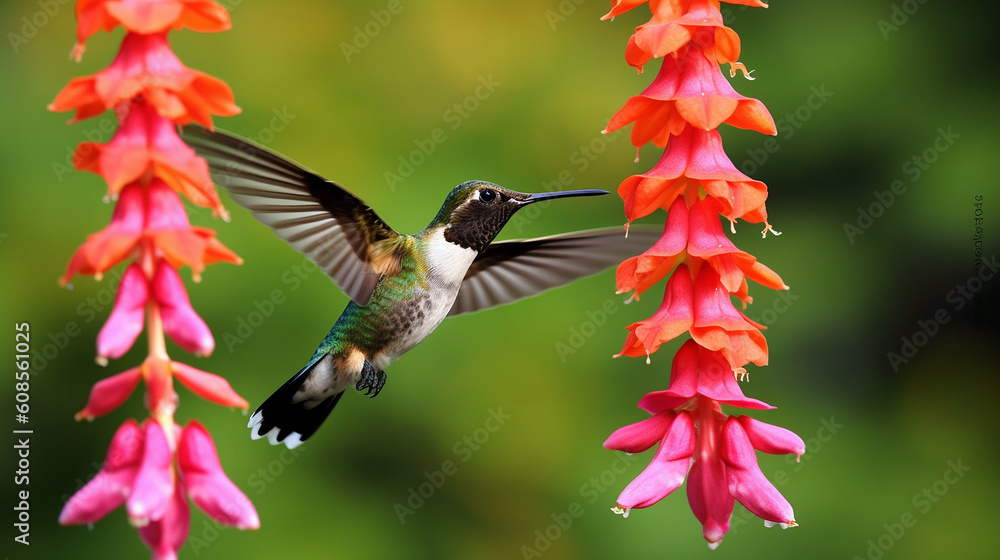 Obraz premium A hummingbird flies past a flower. Generative AI