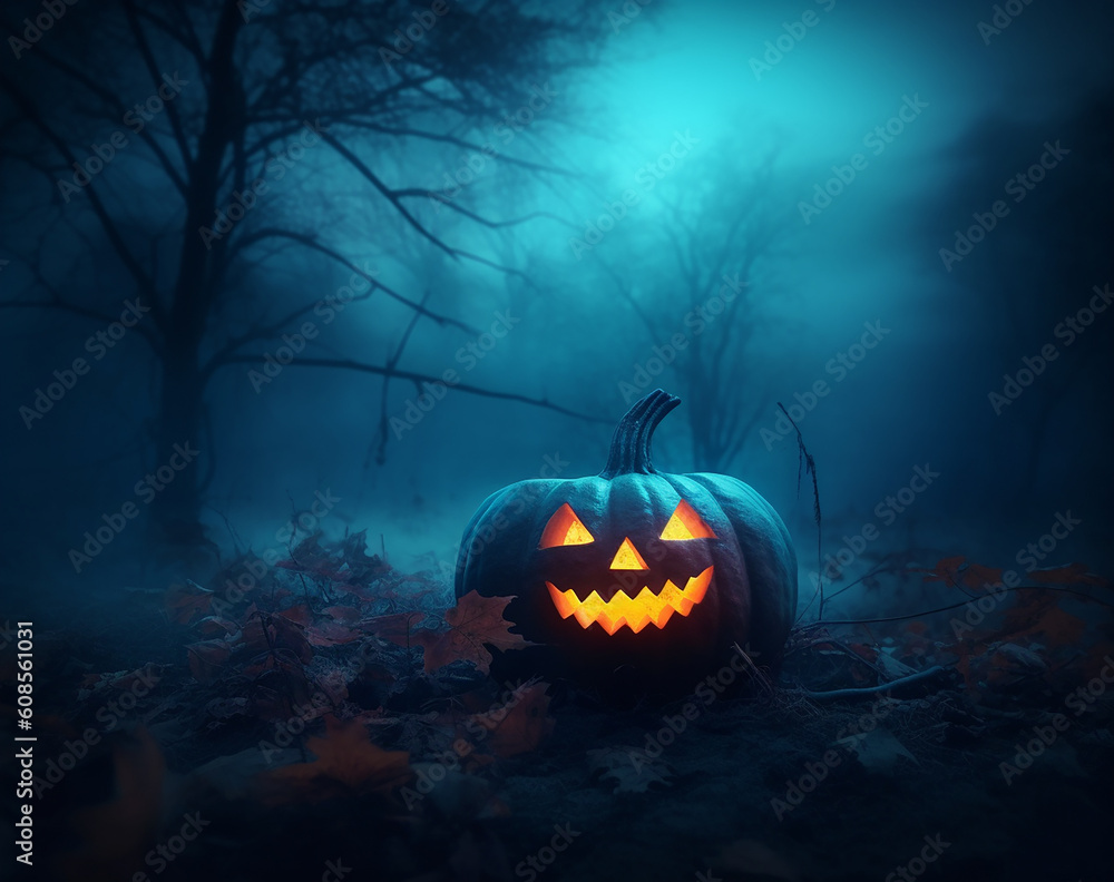 Naklejka premium A halloween pumpkin sits in a dark forest with a blue background. Generative AI
