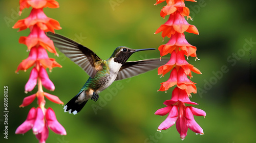 A hummingbird flies past a flower. Generative AI 
