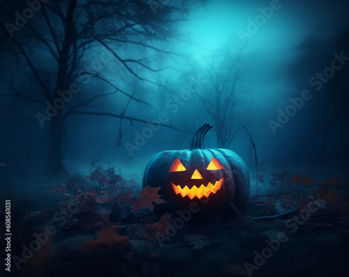 A halloween pumpkin sits in a dark forest with a blue background. Generative AI
