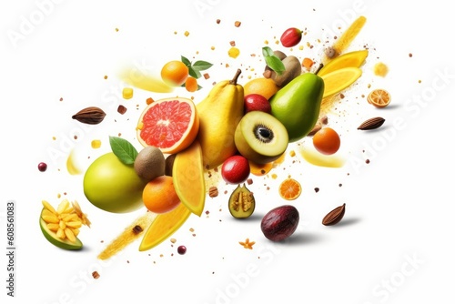 Exotic fruit mix: coconuts, mango, fig, passiflora, carambo. Generative AI photo