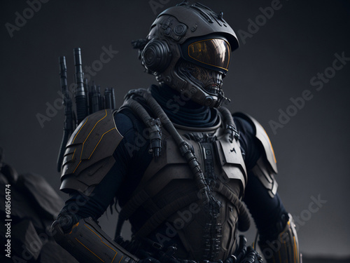 Cyborg warrior in armor and helmet on dark background. AI generated.