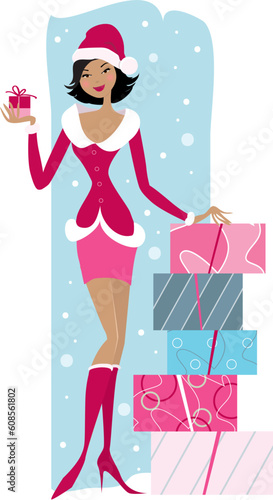 Vector illustration of a salesgirl in Santa costume with gifts boxes