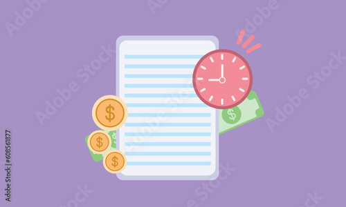 Bill with clock alarm for payment transaction with money coin. Business invoice bill expenses idea concept.