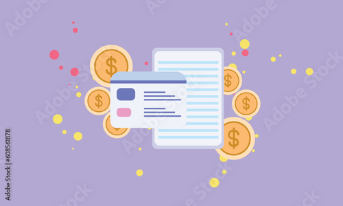 Bank account book, passbook with credit card, financial online and transaction, fund transfer, business invoice bill.