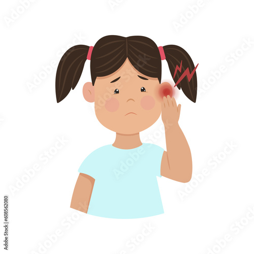 Pain in the ear. An upset girl is holding his ear. Childrens ear infection. Vector illustration. Kid diseases.