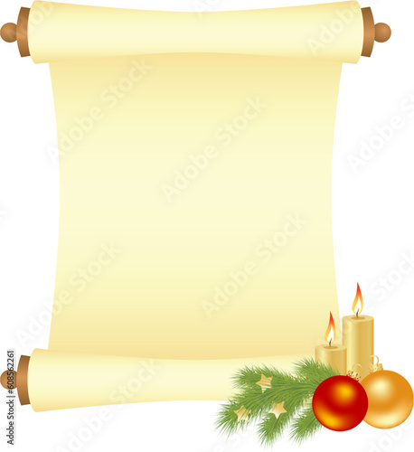 Manuscript with fir branch and candles. Vector illustration, isolated on a white.